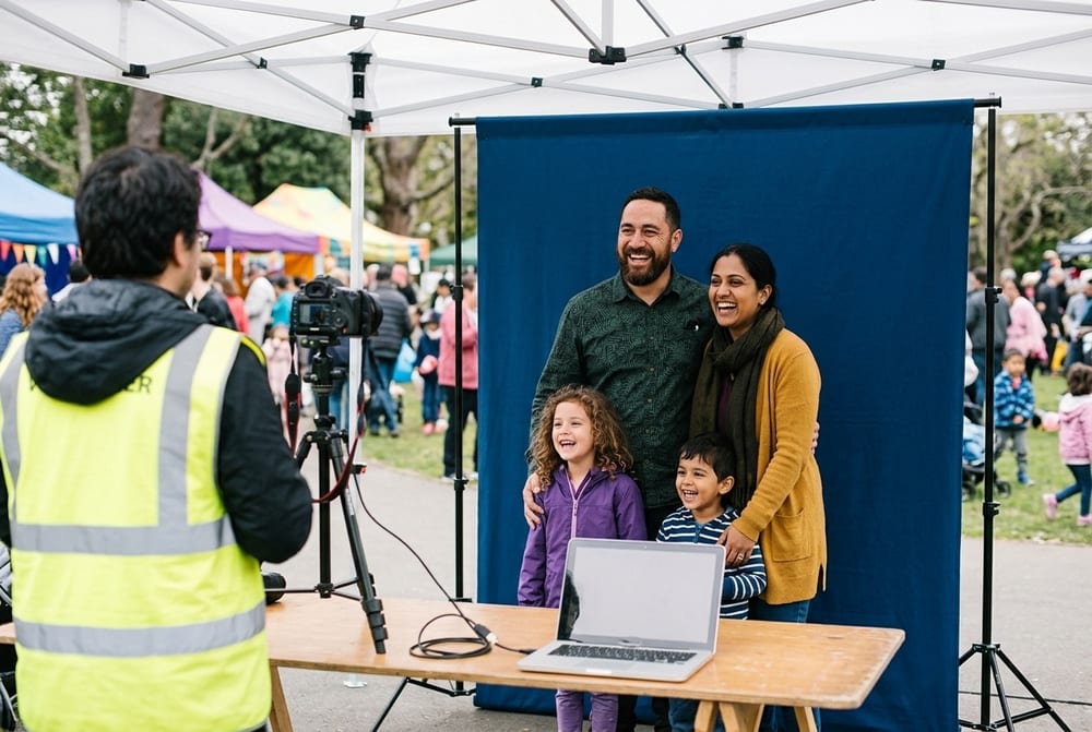 A family of four laughing in front of a blue backdrop at a photo stand under a gazebo at an outdoor community market, a volunteer photographing them with a tethered camera.