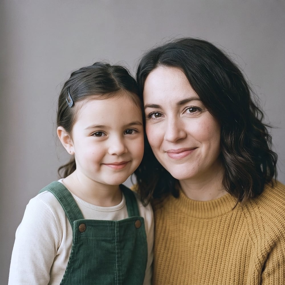 A portrait of a woman and her daughter straight out of the camera. Cooler and flatter, with no overlay.
