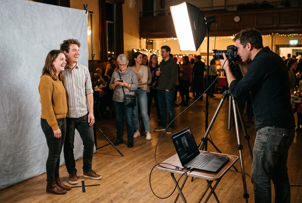 A photographer shoots a laughing couple against a backdrop in a church hall while people wait in a queue behind them. A USB cable runs from the camera to a laptop on a small table.