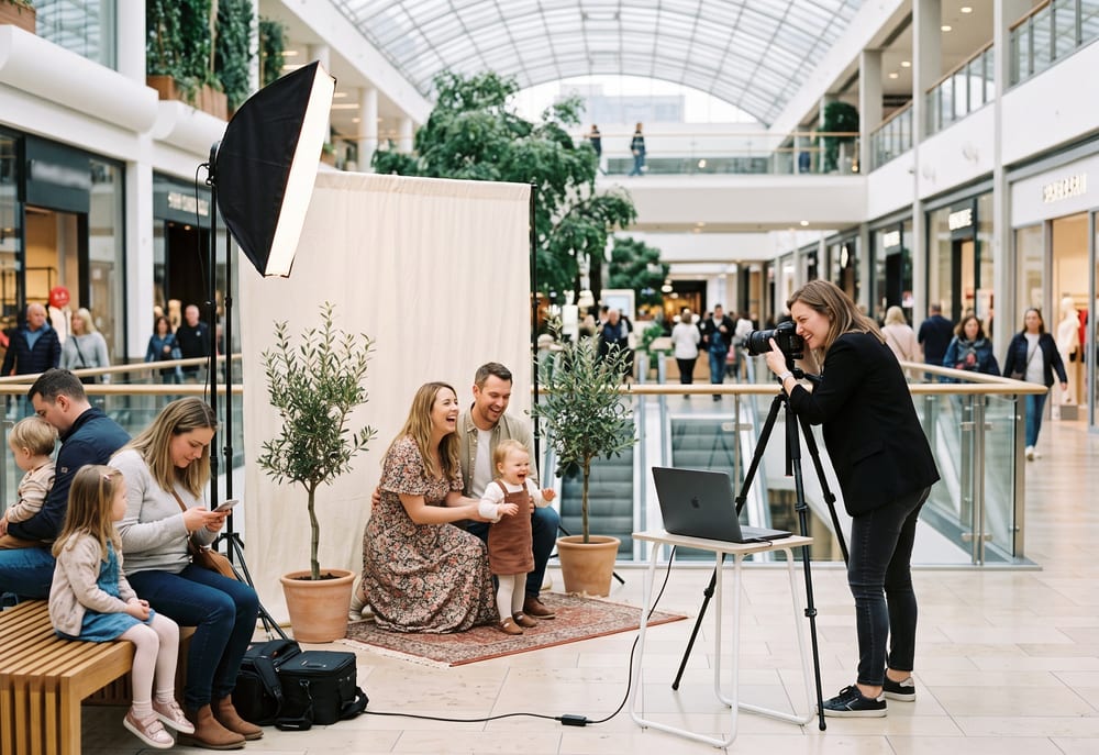 A photographer shoots a family mini session in a bright shopping centre atrium, camera tethered to a laptop, with two more families waiting on a bench.