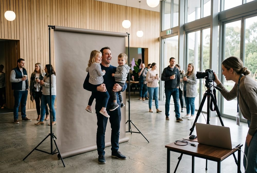 A dad laughing with his two young kids in front of a backdrop in a modern church foyer, a volunteer photographing them with a tethered camera.