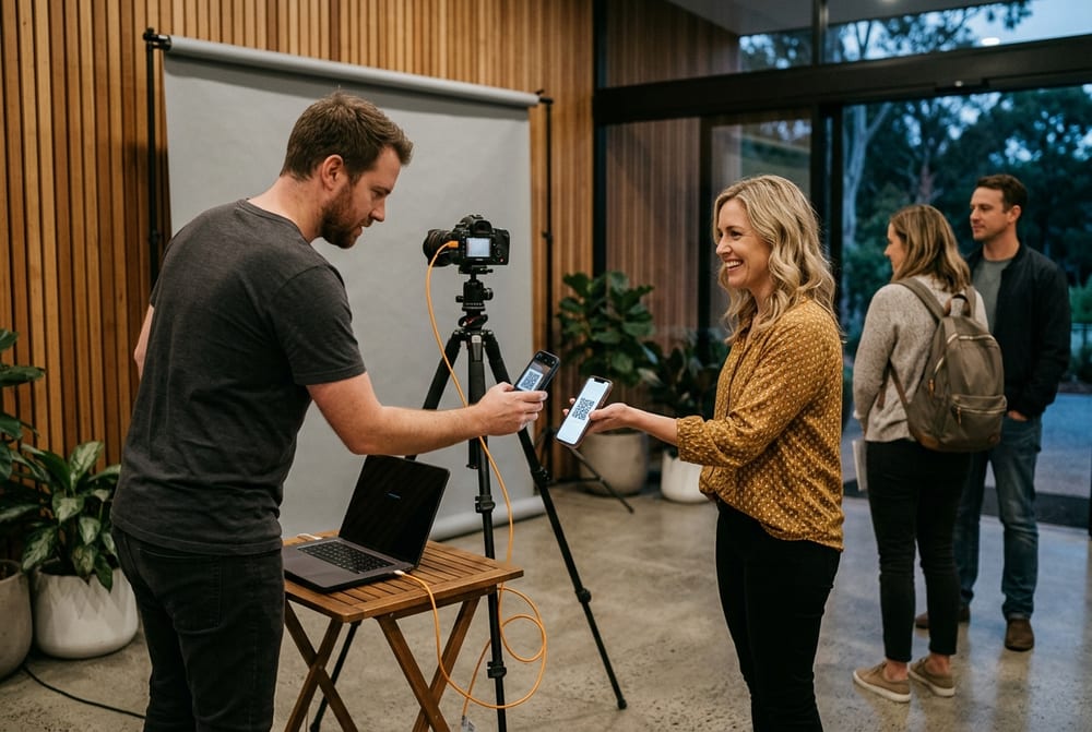 At the front of the line, a photographer beside a tethered camera and laptop scans the code on a guest’s phone while she holds it out and laughs. Two more people wait behind her.