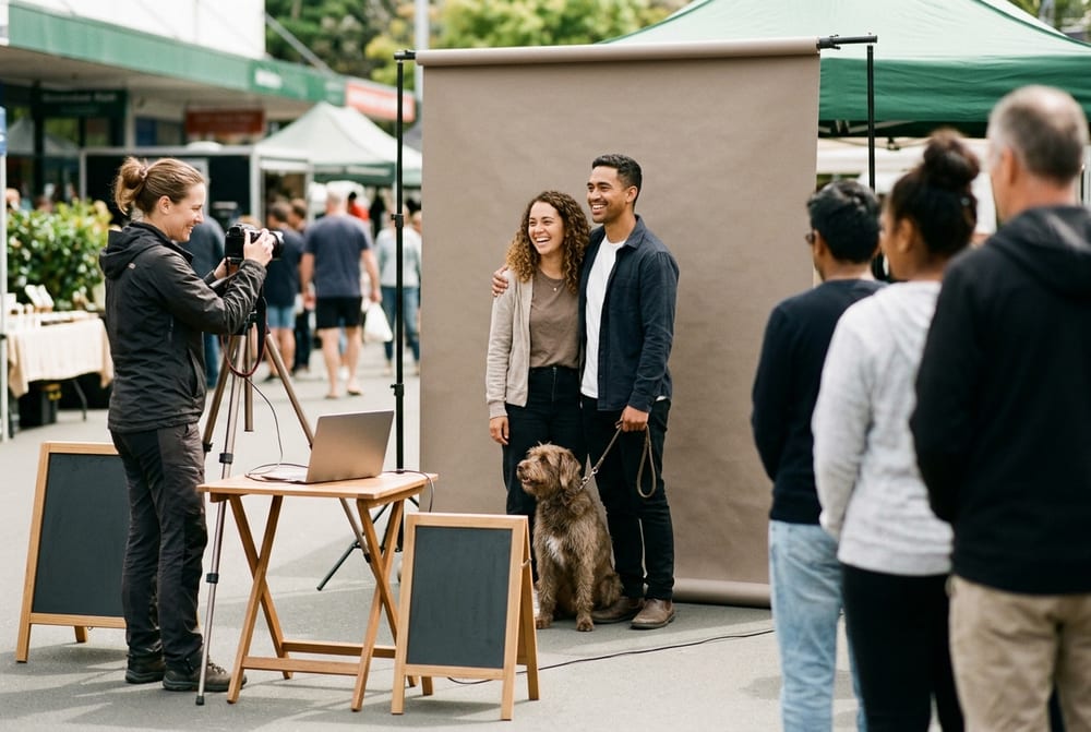 A photographer at a compact paid portrait stand at a weekend market, shooting a laughing couple with their dog against a plain backdrop, her camera on a tripod cabled to a laptop on a folding table with a queue waiting.