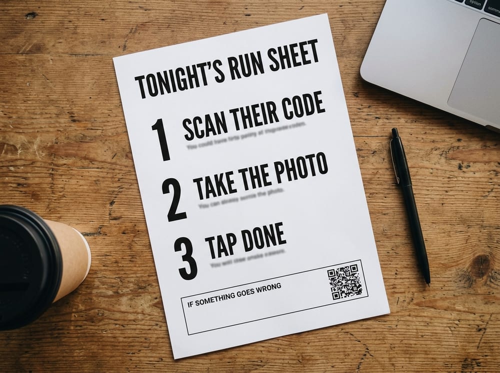 A printed one-page run sheet on a trestle table beside a laptop, headed Tonight's run sheet, with three numbered steps: scan their code, take the photo, tap done.