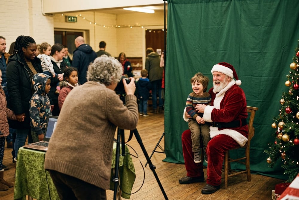 Santa Claus laughing with a young child on his knee in front of a green backdrop in a community hall, while a volunteer photographs them with a tethered camera.