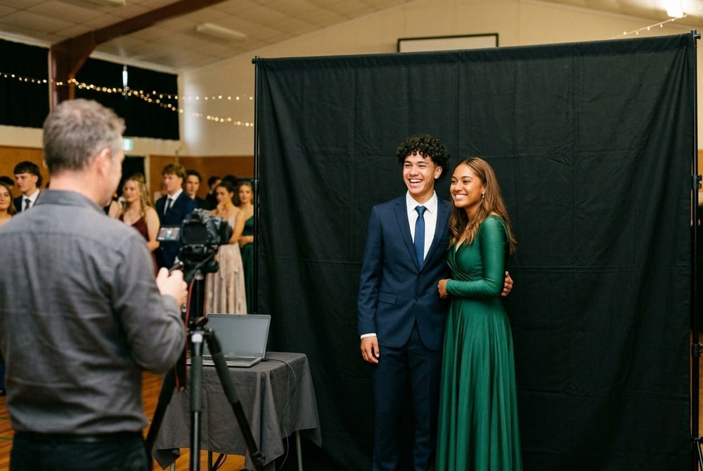 Two students in formal dress photographed against a backdrop on arrival at a school ball, a volunteer shooting with a tethered camera while others queue behind.