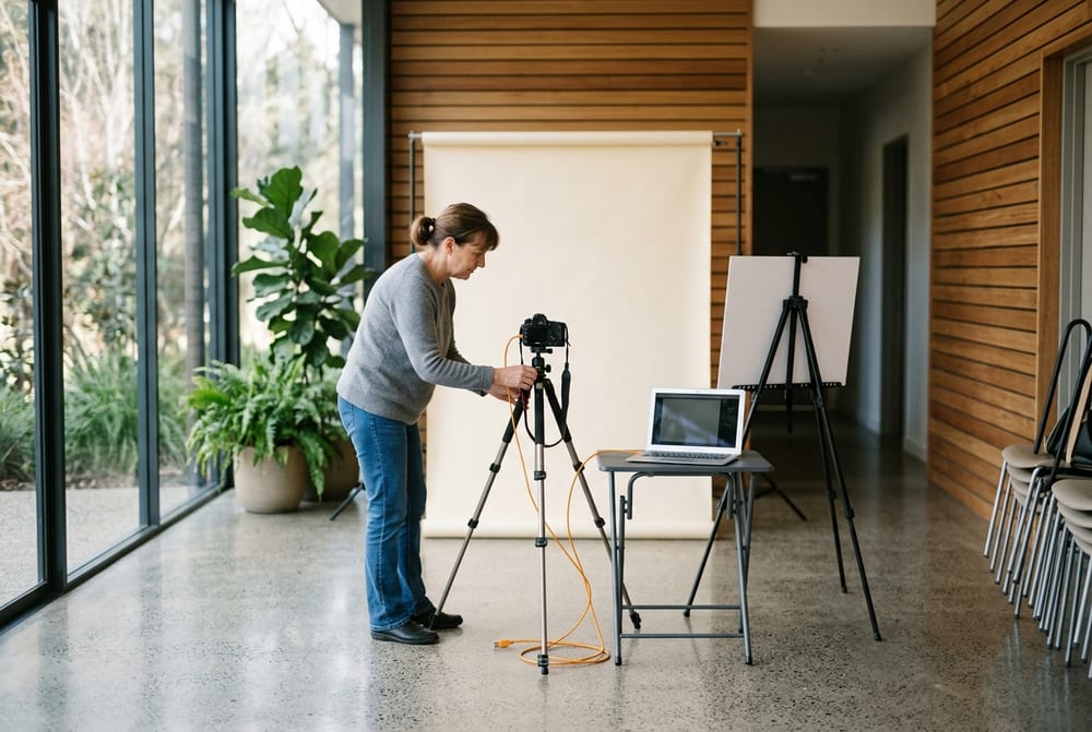A woman sets up a camera on a tripod in a church foyer with concrete floors, timber walls and a wall of glass. An orange cable runs from the camera to a laptop on a folding table, a plain backdrop hangs behind, and a printed card waits on an easel.