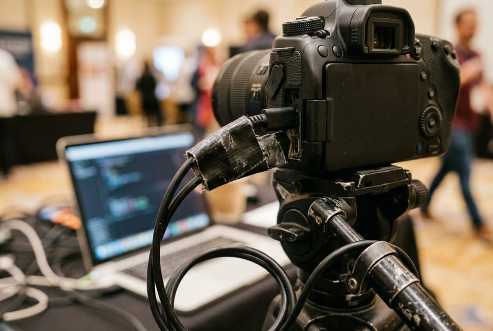 A camera on a tripod at an event, a taped-up USB cable running from its side to an open laptop on the table beside it. People move through the room behind, out of focus.